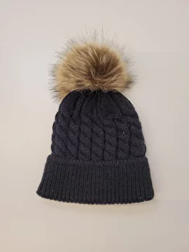 Touca De Lã Tricô Com Pompom De Pele Preto Sem Marca 3-6 Meses