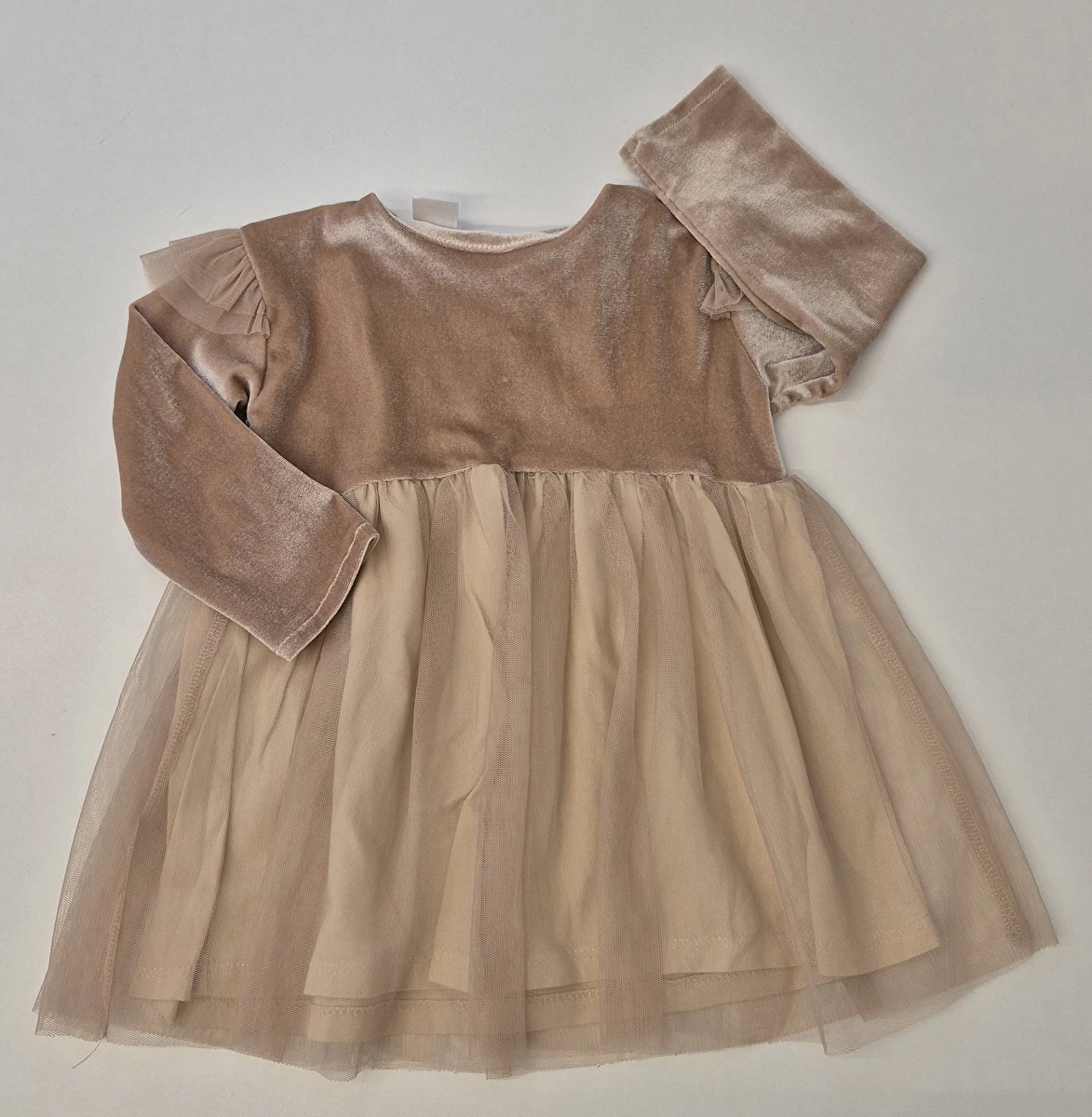 Vestido Manga Longa/Veludo Com Tule Bege Zara 9 - 12 Meses