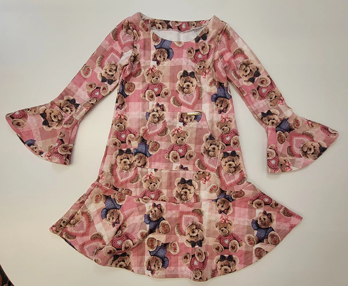 Vestido Algodão Manga Longa Com Babado No Punho Rosa Vó Maria 12 Anos