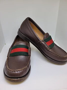 Sapato Couro Social Com Listra Vermelha E Verde Marrom Gucci 26
