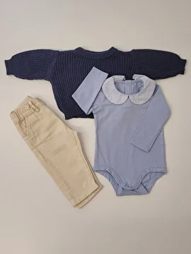 Conjunto Calça Bege/ Body Manga Longa/Suéter Tricô Azul Azul Nutti 0-3 Meses
