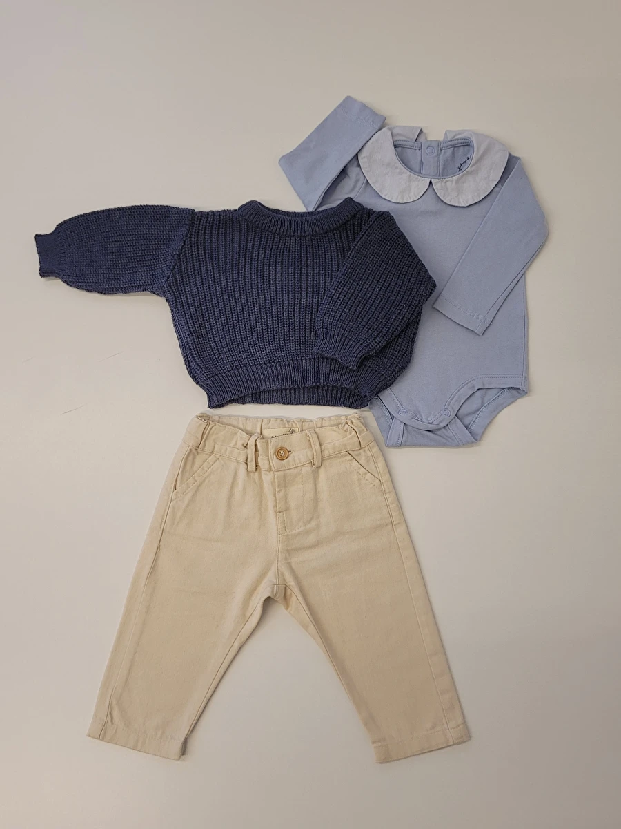 Conjunto Calça Bege/ Body Manga Longa/Suéter Tricô Azul Azul Nutti 0-3 Meses